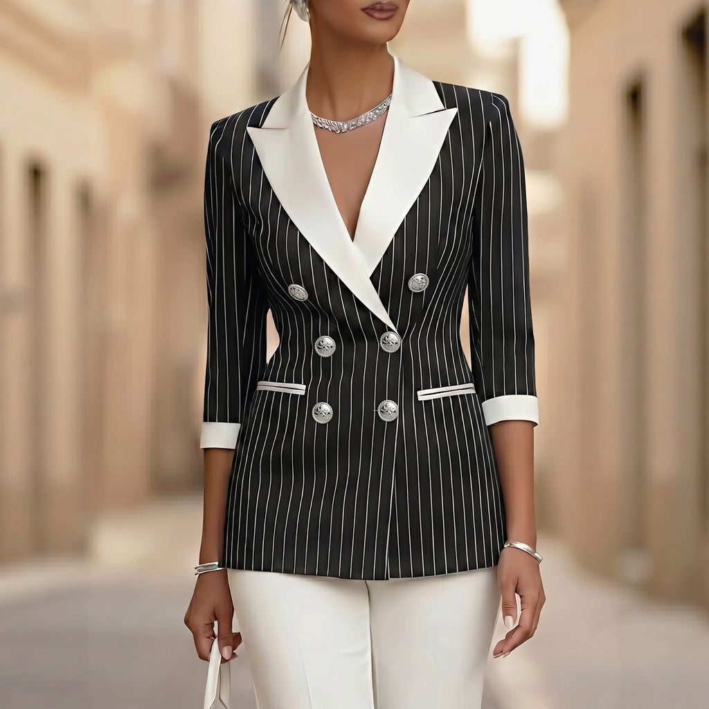 Style Black and White Thin Stripe Color-Blocked Notch Lapel Double-Breasted Three-Quarter Sleeve Suit Jacket for Women