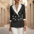 Style Black and White Thin Stripe Color-Blocked Notch Lapel Double-Breasted Three-Quarter Sleeve Suit Jacket for Women