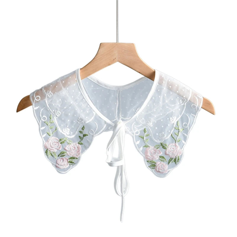 Royal Style Cotton Fake Collar Shawl Wrap Hollow Out Floral Lace Ruffled Trim Necklace Pointed Lapel Blouse Dropshipping