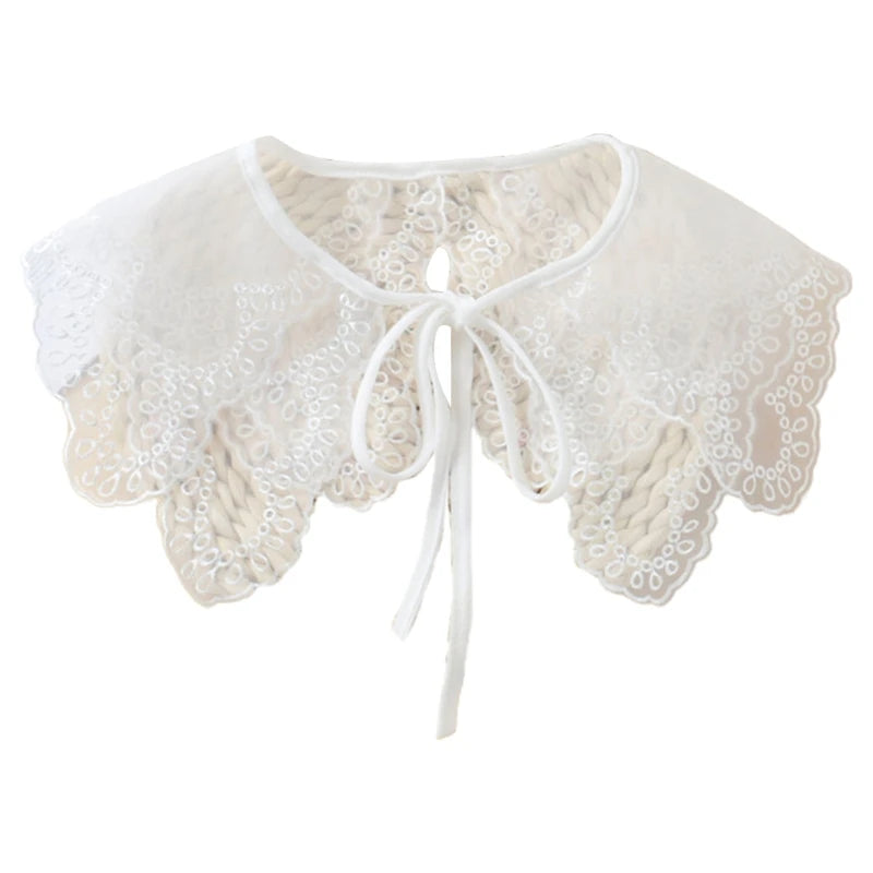 Royal Style Cotton Fake Collar Shawl Wrap Hollow Out Floral Lace Ruffled Trim Necklace Pointed Lapel Blouse Dropshipping