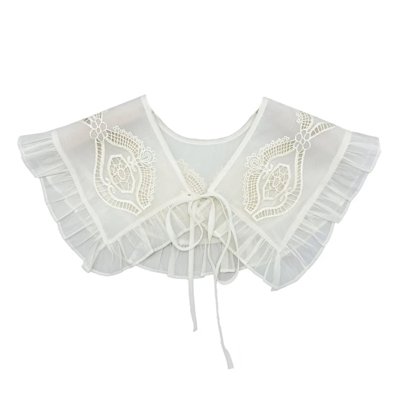 Royal Style Cotton Fake Collar Shawl Wrap Hollow Out Floral Lace Ruffled Trim Necklace Pointed Lapel Blouse Dropshipping