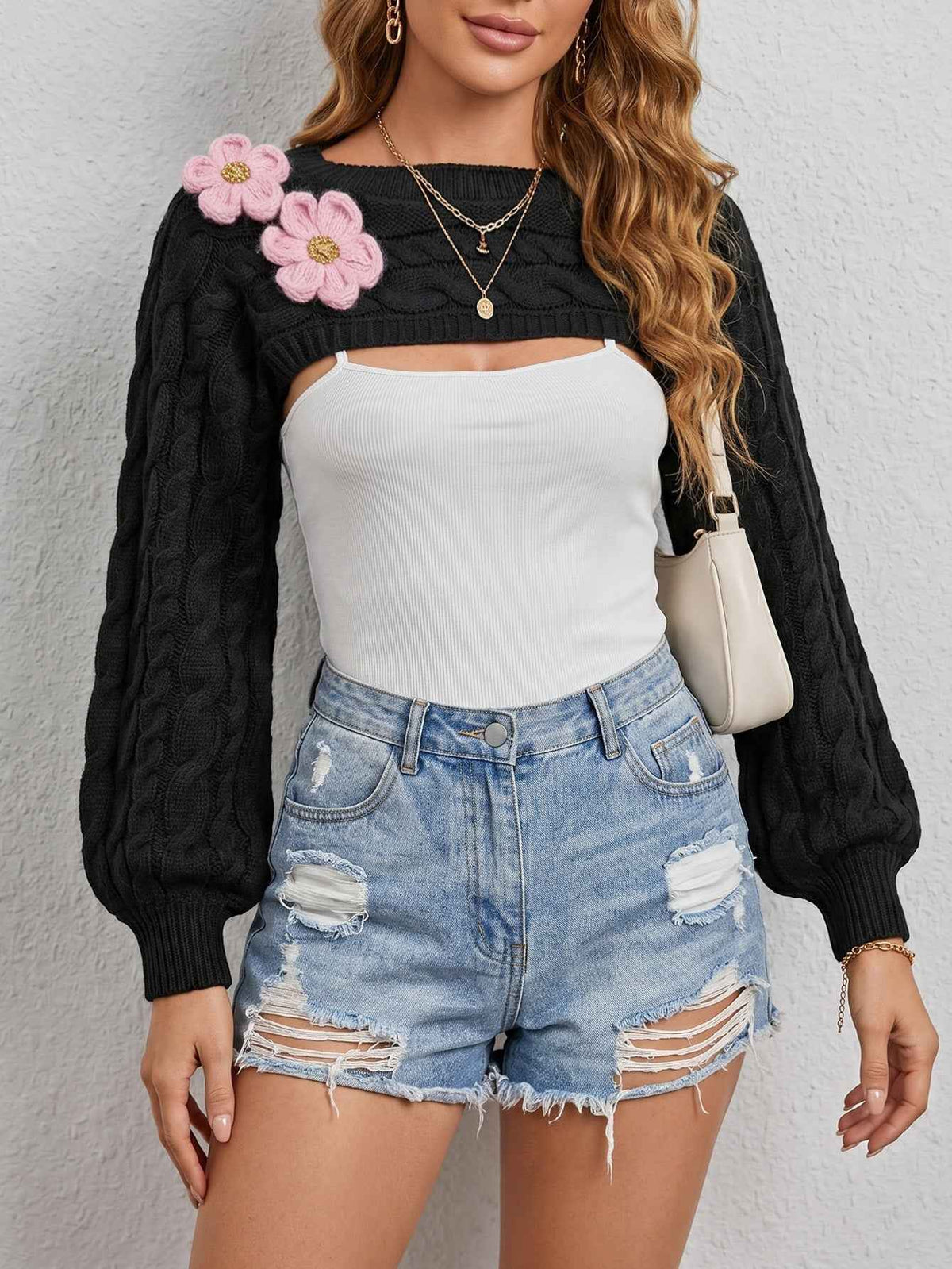 Short Sleeve Long Sleeve Top Solid Color  Women's Cardigan with Flower Decoration