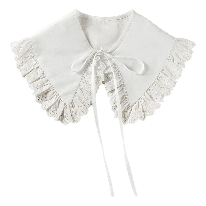 Royal Style Cotton Fake Collar Shawl Wrap Hollow Out Floral Lace Ruffled Trim Necklace Pointed Lapel Blouse Dropshipping