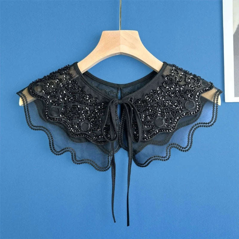 Royal Style Cotton Fake Collar Shawl Wrap Hollow Out Floral Lace Ruffled Trim Necklace Pointed Lapel Blouse Dropshipping