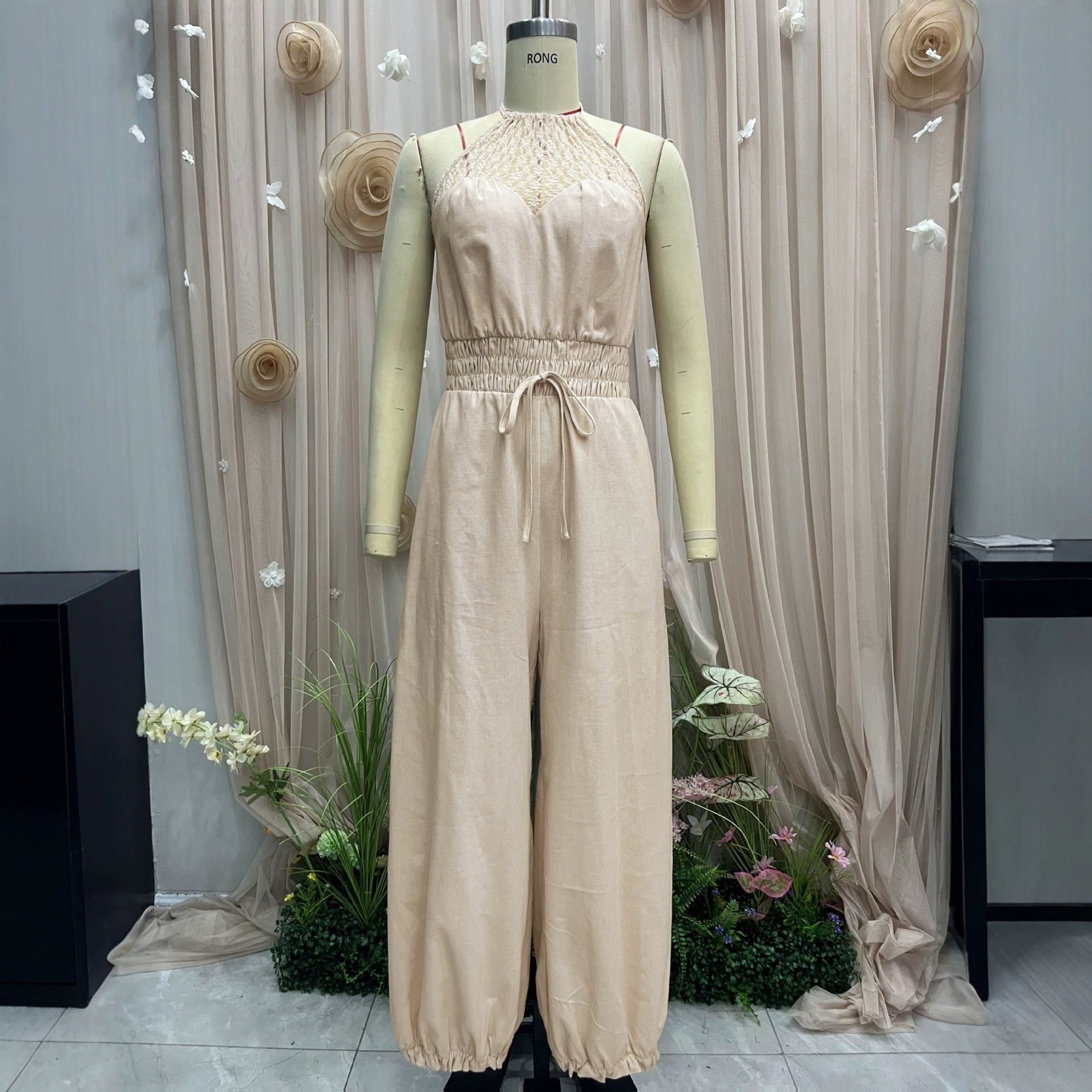 Bohemian Halter Lace Jumpsuit for Beach Vacation, Casual Drawstring Waist and Cuffed Legs