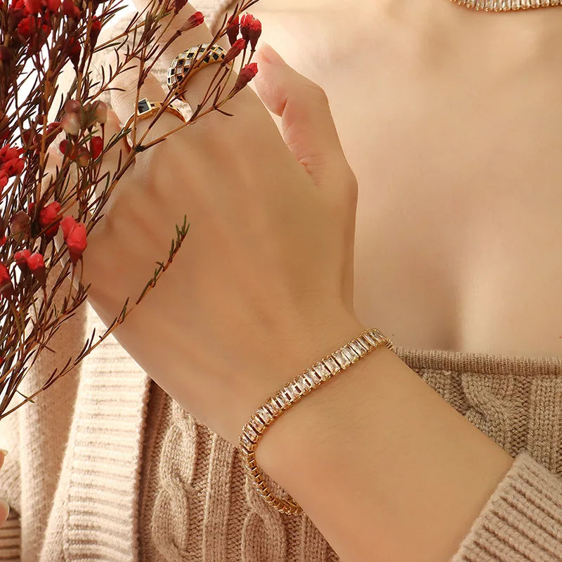 Dainty 18K Gold Plated Titanium Steel Cubic Zirconia Stone Square Tennis Bracelet Necklace for Women Bling Choker Necklace Gift