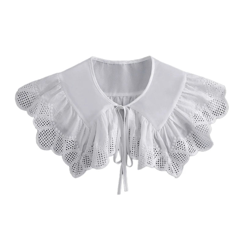 Royal Style Cotton Fake Collar Shawl Wrap Hollow Out Floral Lace Ruffled Trim Necklace Pointed Lapel Blouse Dropshipping