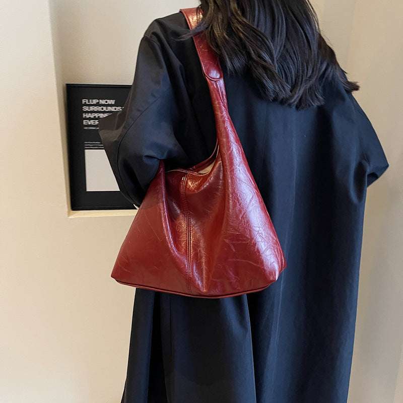 Bolso de Piel PU Suave Vintage Rojo Vino, Bolso de Hombro Grande para Mujer