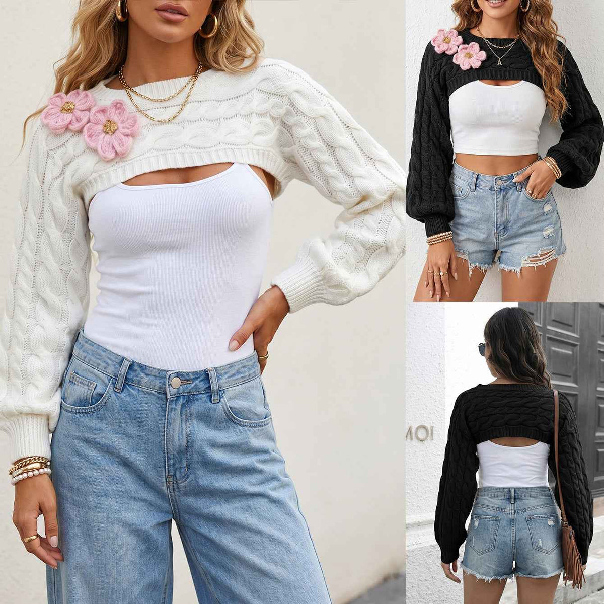 Short Sleeve Long Sleeve Top Solid Color  Women's Cardigan with Flower Decoration