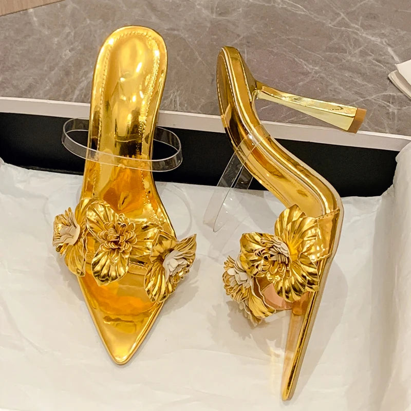 Sandalias Mujer PVC Transparente — Tacón Fino Floral