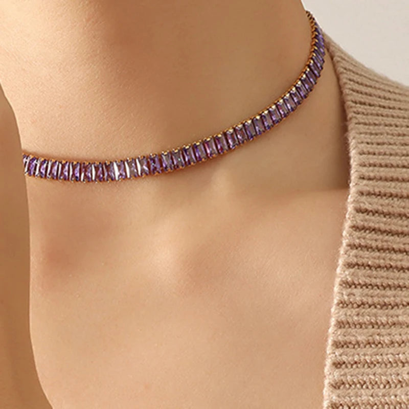 Dainty 18K Gold Plated Titanium Steel Cubic Zirconia Stone Square Tennis Bracelet Necklace for Women Bling Choker Necklace Gift