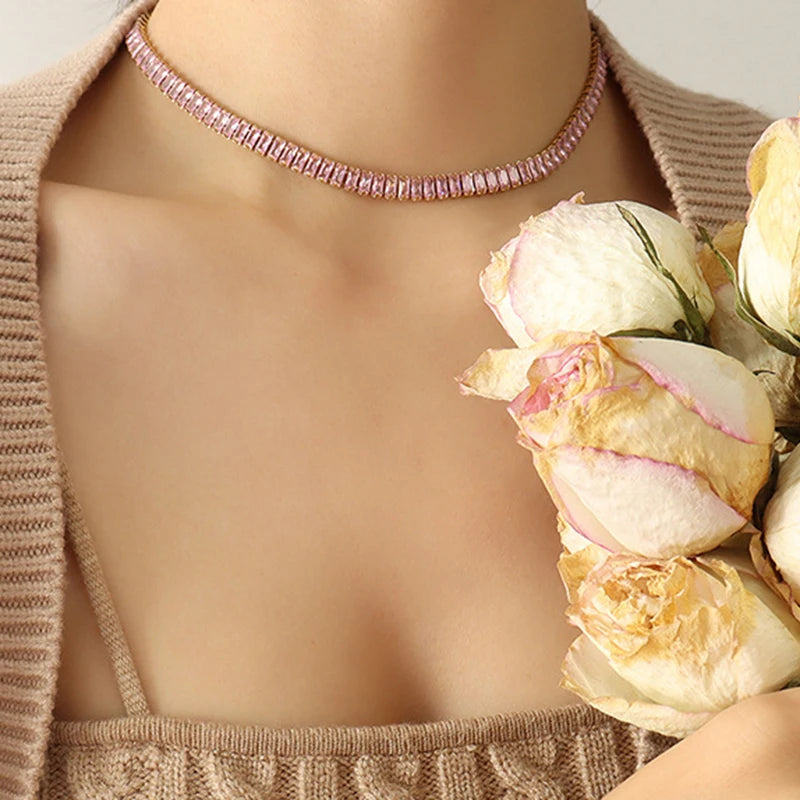 Dainty 18K Gold Plated Titanium Steel Cubic Zirconia Stone Square Tennis Bracelet Necklace for Women Bling Choker Necklace Gift