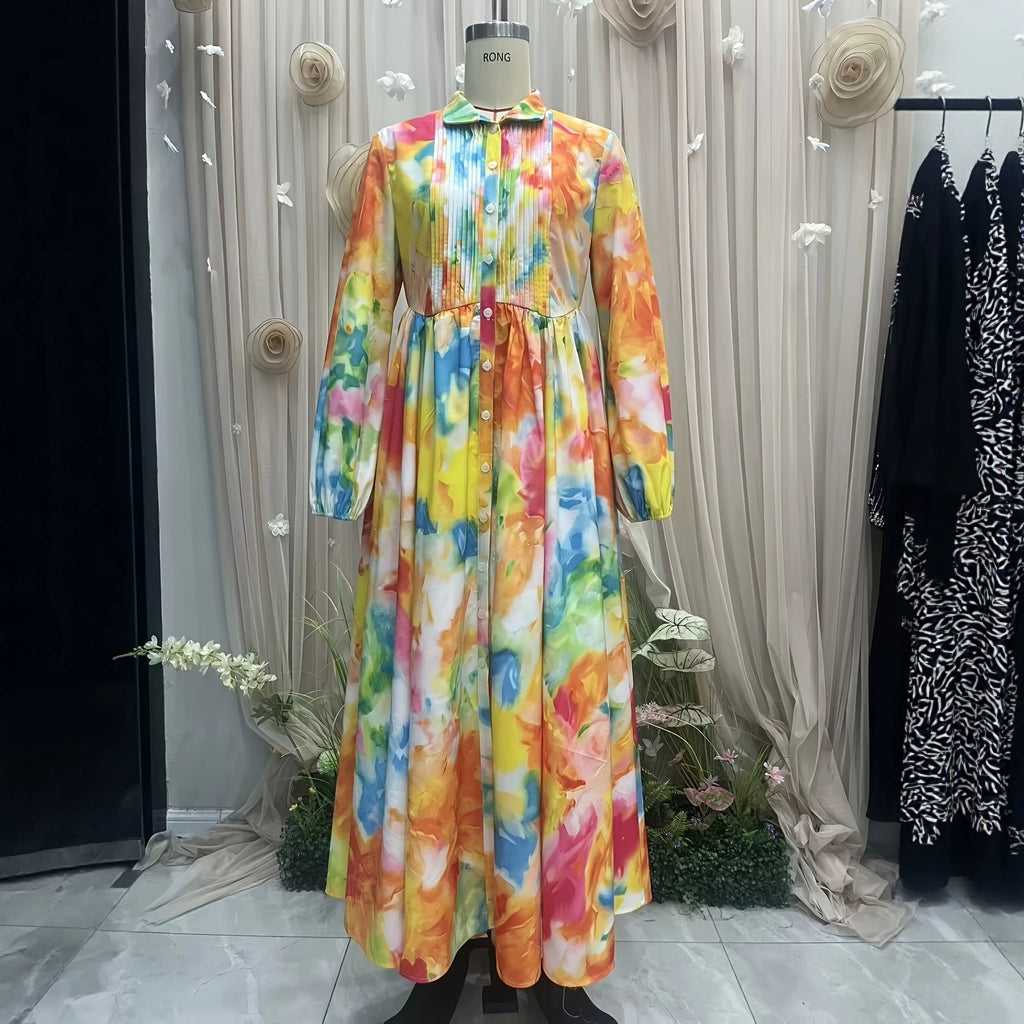 New Style Shirt Dress with  Floral Digital Printing Long Dress