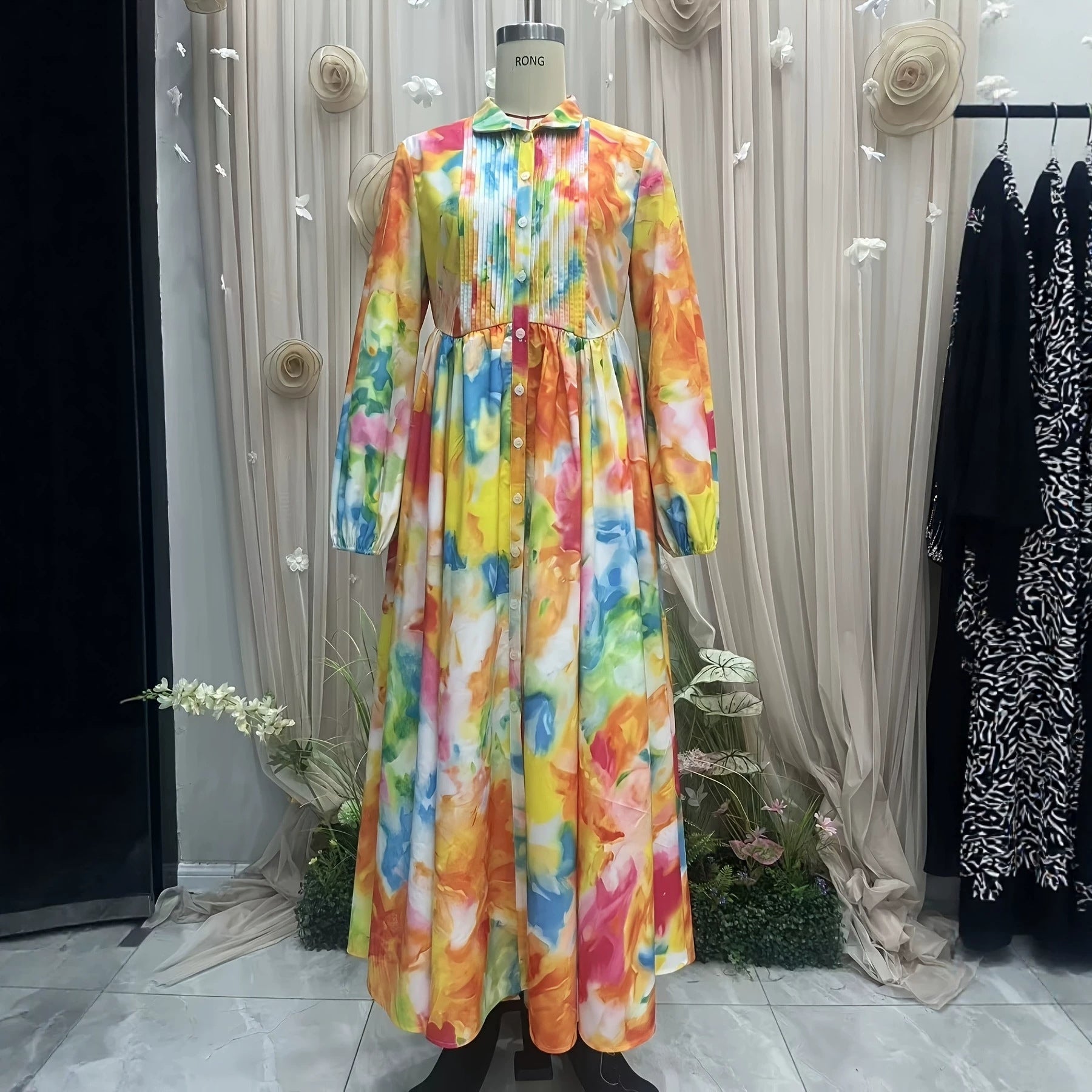New Style Shirt Dress with  Floral Digital Printing Long Dress