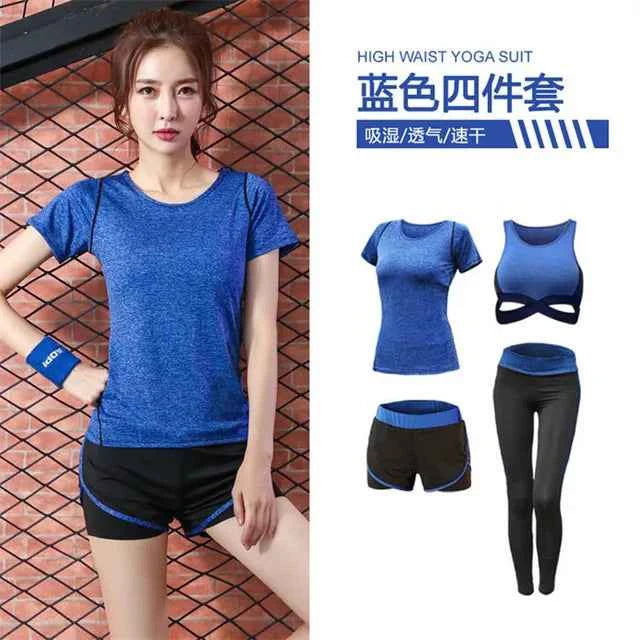 Conjunto de 5 piezas: abrigo+camiseta+sostén+pantalones cortos+leggings para mujer yoga ropa rápida