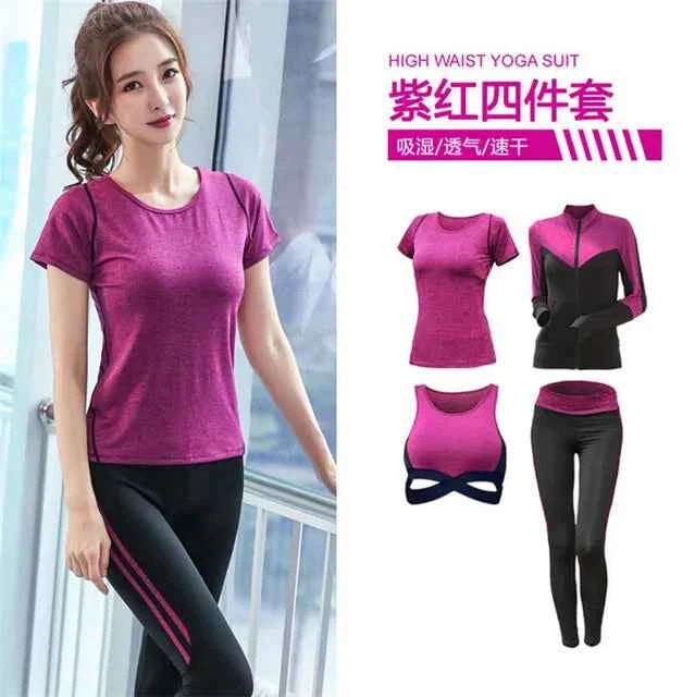 Conjunto de 5 piezas: abrigo+camiseta+sostén+pantalones cortos+leggings para mujer yoga ropa rápida
