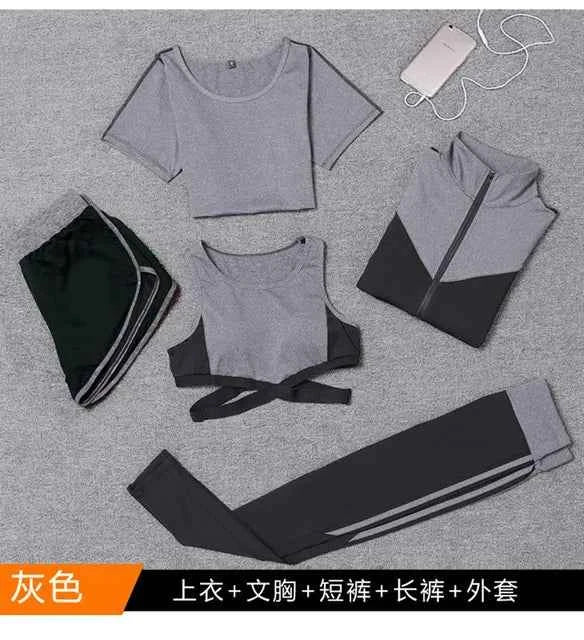 Conjunto de 5 piezas: abrigo+camiseta+sostén+pantalones cortos+leggings para mujer yoga ropa rápida