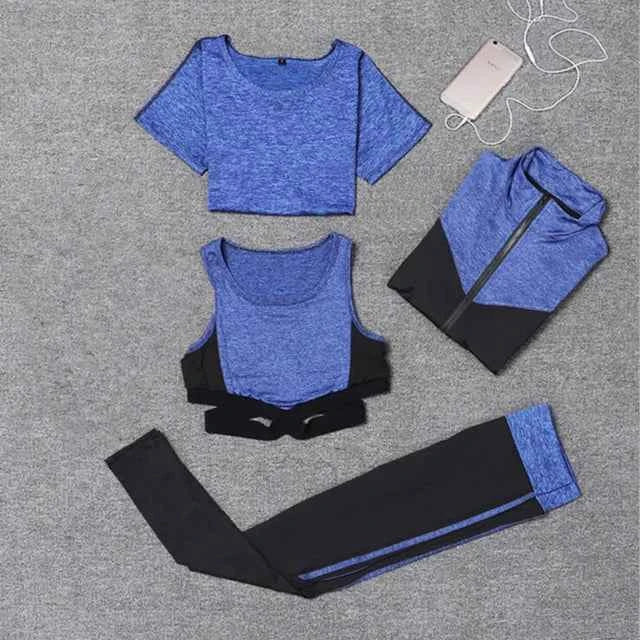 Conjunto de 5 piezas: abrigo+camiseta+sostén+pantalones cortos+leggings para mujer yoga ropa rápida