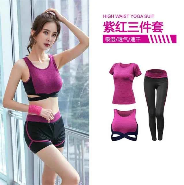 Conjunto de 5 piezas: abrigo+camiseta+sostén+pantalones cortos+leggings para mujer yoga ropa rápida