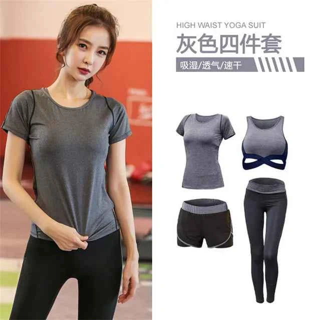 Conjunto de 5 piezas: abrigo+camiseta+sostén+pantalones cortos+leggings para mujer yoga ropa rápida