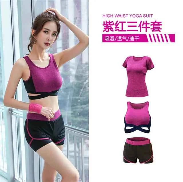 Conjunto de 5 piezas: abrigo+camiseta+sostén+pantalones cortos+leggings para mujer yoga ropa rápida