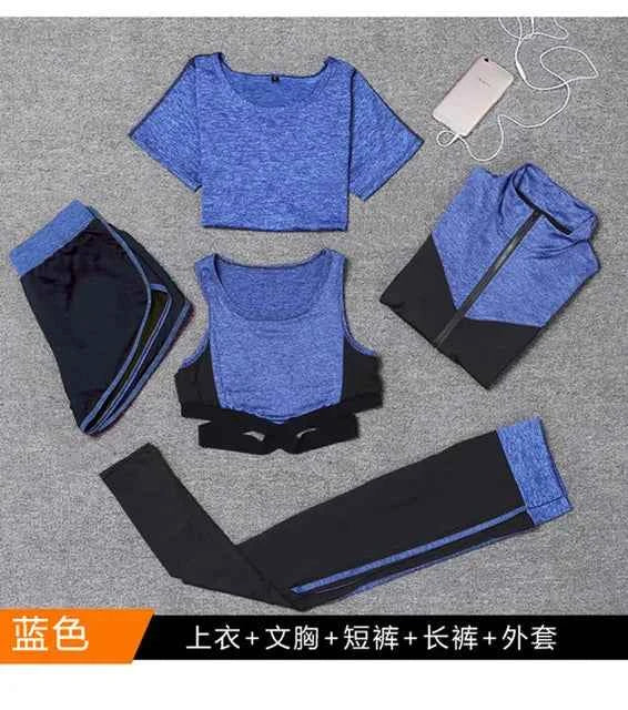 Conjunto de 5 piezas: abrigo+camiseta+sostén+pantalones cortos+leggings para mujer yoga ropa rápida
