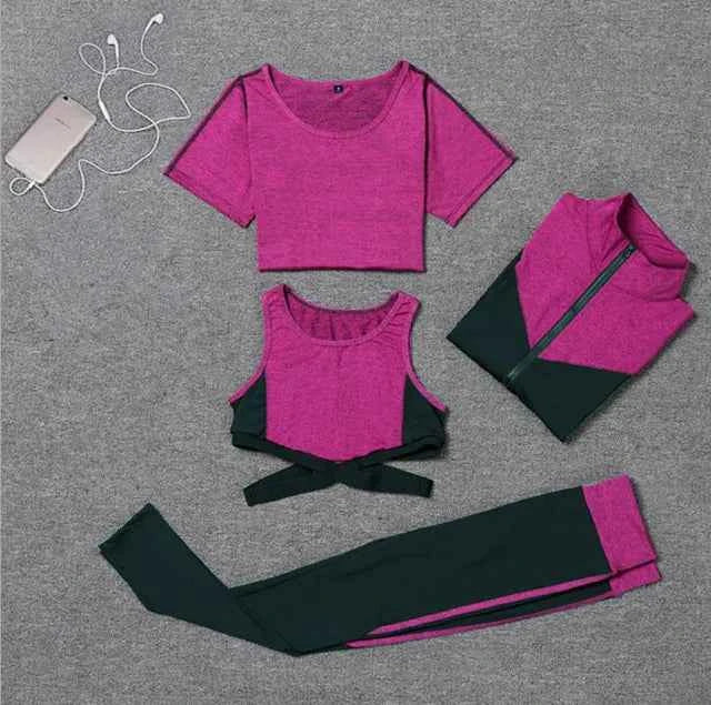 Conjunto de 5 piezas: abrigo+camiseta+sostén+pantalones cortos+leggings para mujer yoga ropa rápida