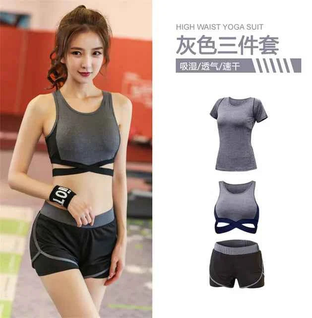 Conjunto de 5 piezas: abrigo+camiseta+sostén+pantalones cortos+leggings para mujer yoga ropa rápida