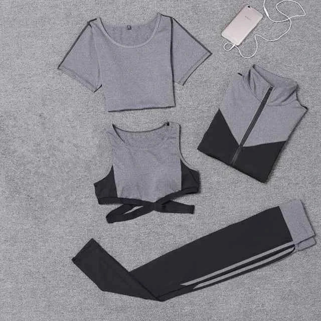 Conjunto de 5 piezas: abrigo+camiseta+sostén+pantalones cortos+leggings para mujer yoga ropa rápida