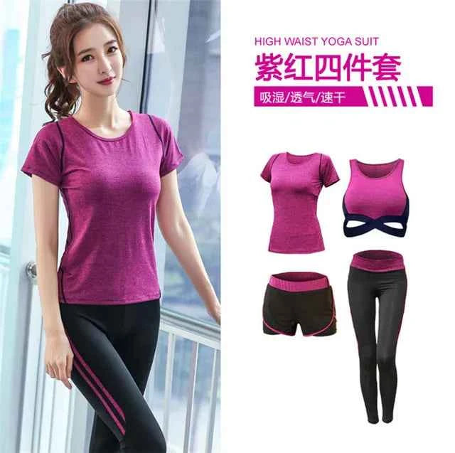 Conjunto de 5 piezas: abrigo+camiseta+sostén+pantalones cortos+leggings para mujer yoga ropa rápida