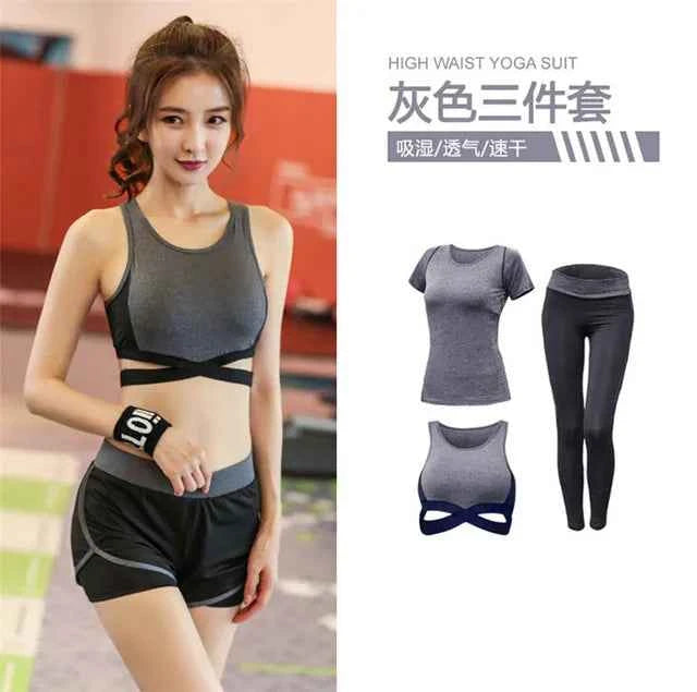 Conjunto de 5 piezas: abrigo+camiseta+sostén+pantalones cortos+leggings para mujer yoga ropa rápida