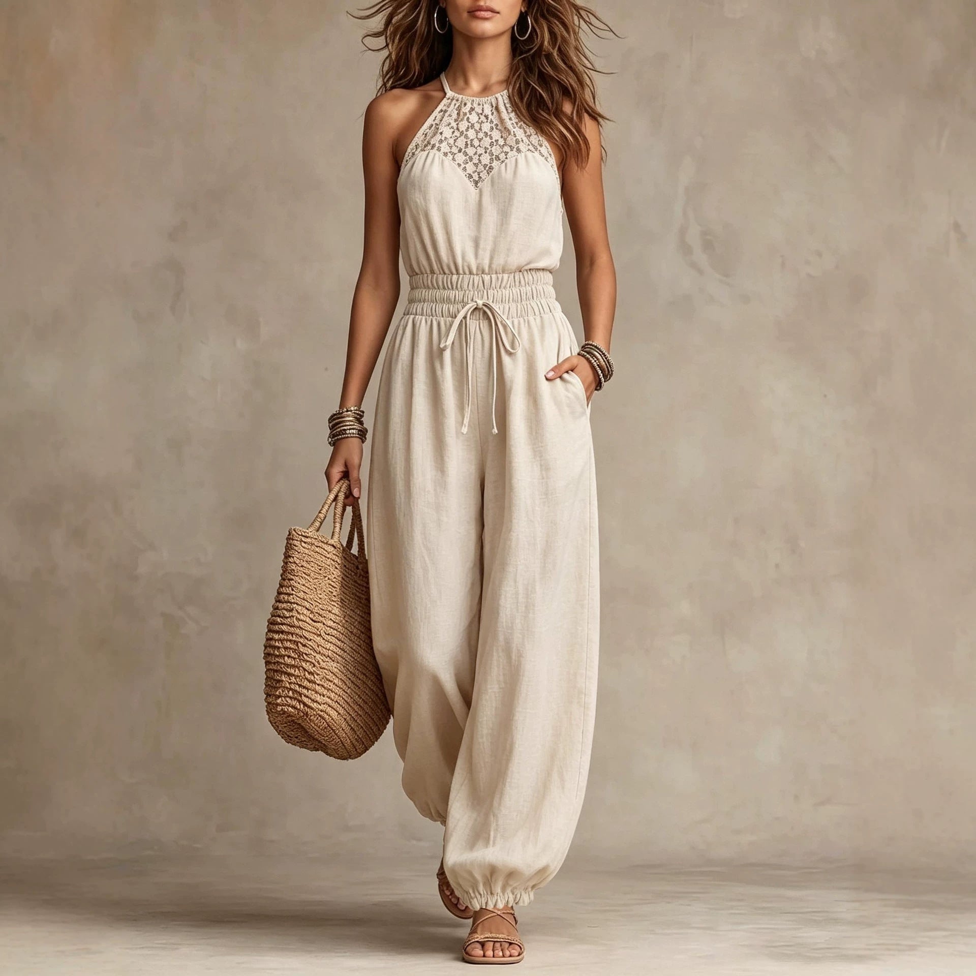 Bohemian Halter Lace Jumpsuit for Beach Vacation, Casual Drawstring Waist and Cuffed Legs