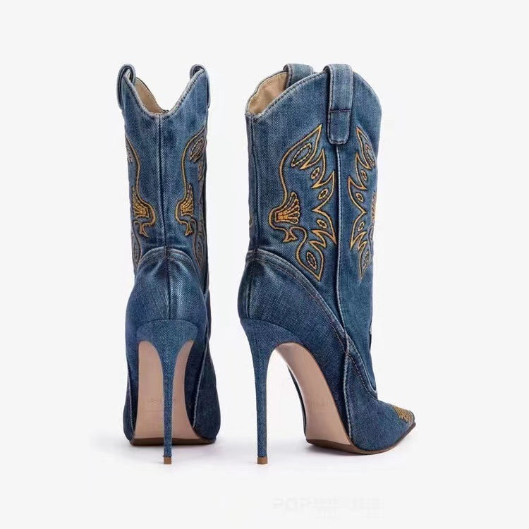 Botas de Moda para Mujeres: Estilo Cowboy con Tacones Altos y Puntera Estrecha