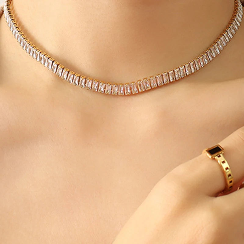 Dainty 18K Gold Plated Titanium Steel Cubic Zirconia Stone Square Tennis Bracelet Necklace for Women Bling Choker Necklace Gift