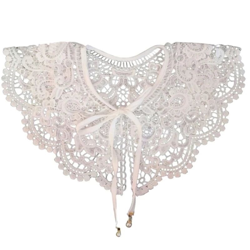 Royal Style Cotton Fake Collar Shawl Wrap Hollow Out Floral Lace Ruffled Trim Necklace Pointed Lapel Blouse Dropshipping