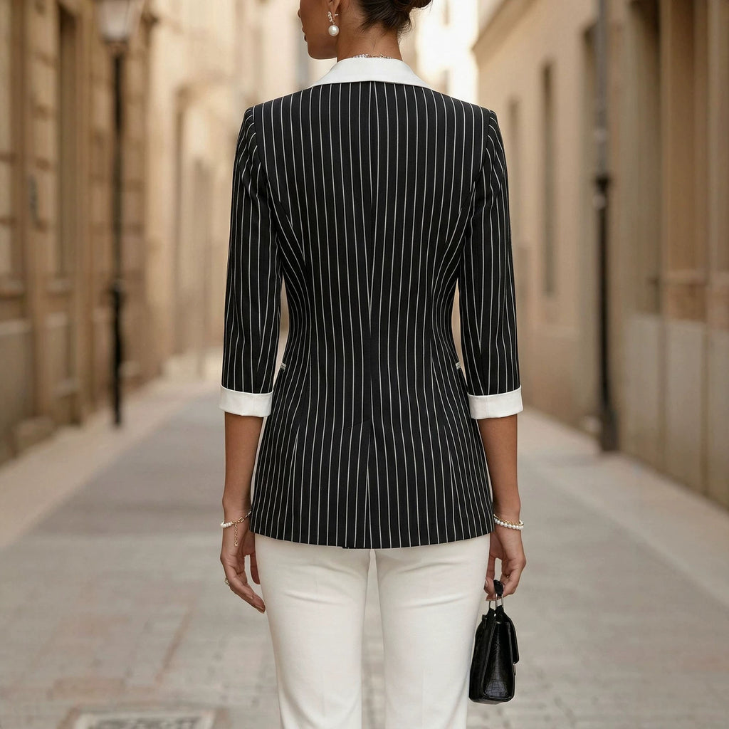 Style Black and White Thin Stripe Color-Blocked Notch Lapel Double-Breasted Three-Quarter Sleeve Suit Jacket for Women