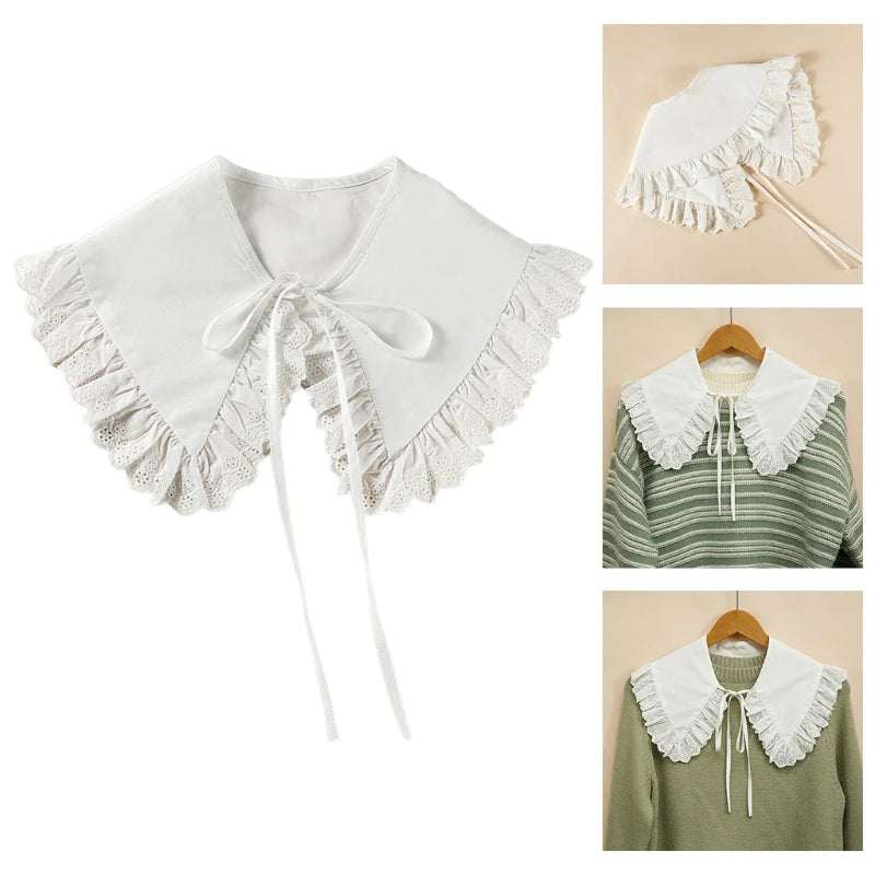 Royal Style Cotton Fake Collar Shawl Wrap Hollow Out Floral Lace Ruffled Trim Necklace Pointed Lapel Blouse Dropshipping