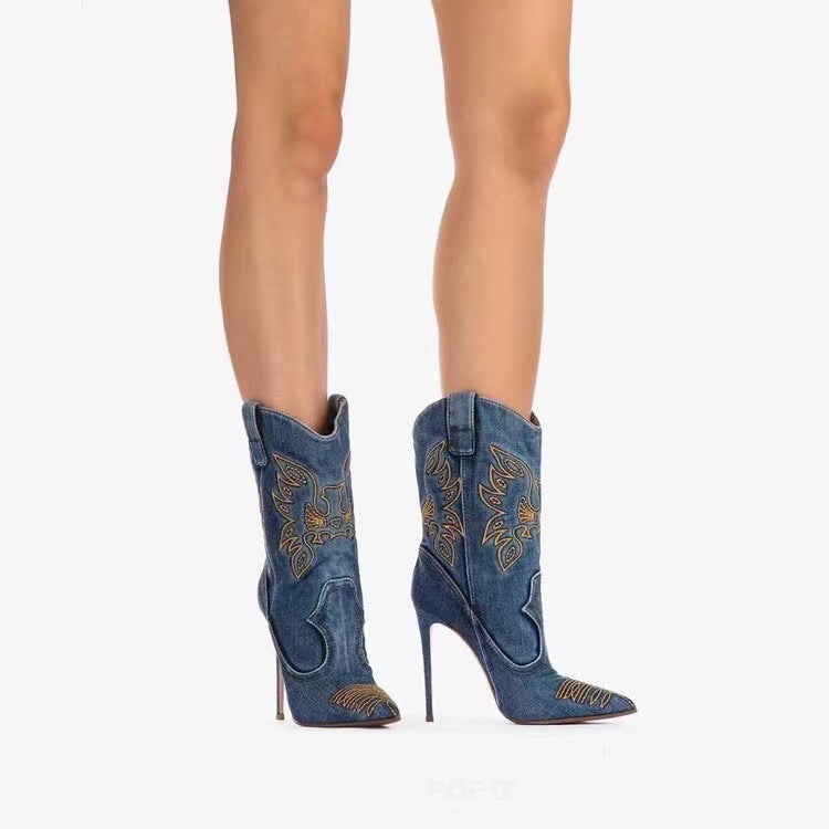 Botas de Moda para Mujeres: Estilo Cowboy con Tacones Altos y Puntera Estrecha