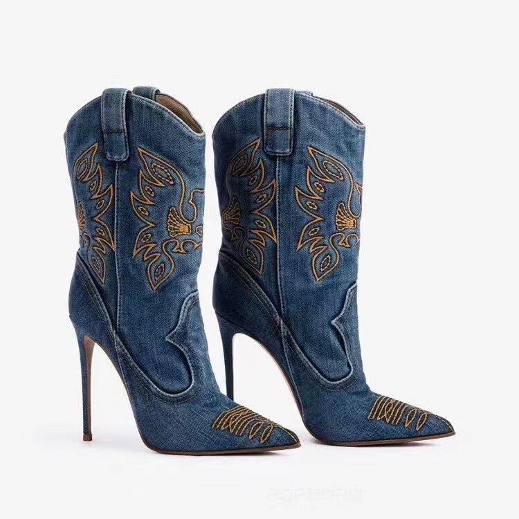 Botas de Moda para Mujeres: Estilo Cowboy con Tacones Altos y Puntera Estrecha
