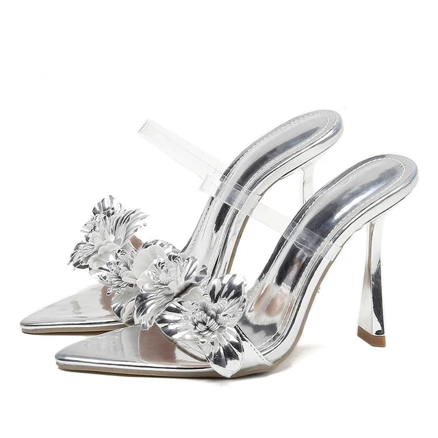 Sandalias Mujer PVC Transparente — Tacón Fino Floral