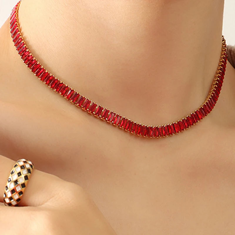 Dainty 18K Gold Plated Titanium Steel Cubic Zirconia Stone Square Tennis Bracelet Necklace for Women Bling Choker Necklace Gift