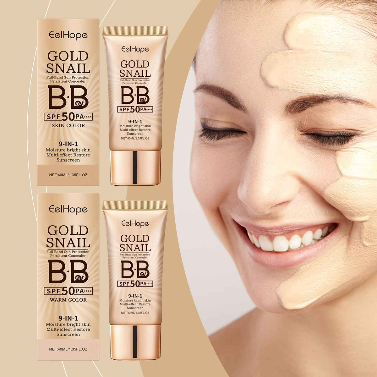 BB Cream Protector de Baba de Caracol Dorado Eelhope, Corrector Hidratante Resistente al Agua