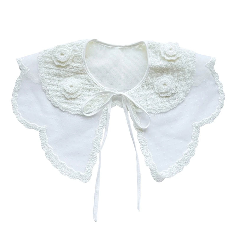 Royal Style Cotton Fake Collar Shawl Wrap Hollow Out Floral Lace Ruffled Trim Necklace Pointed Lapel Blouse Dropshipping