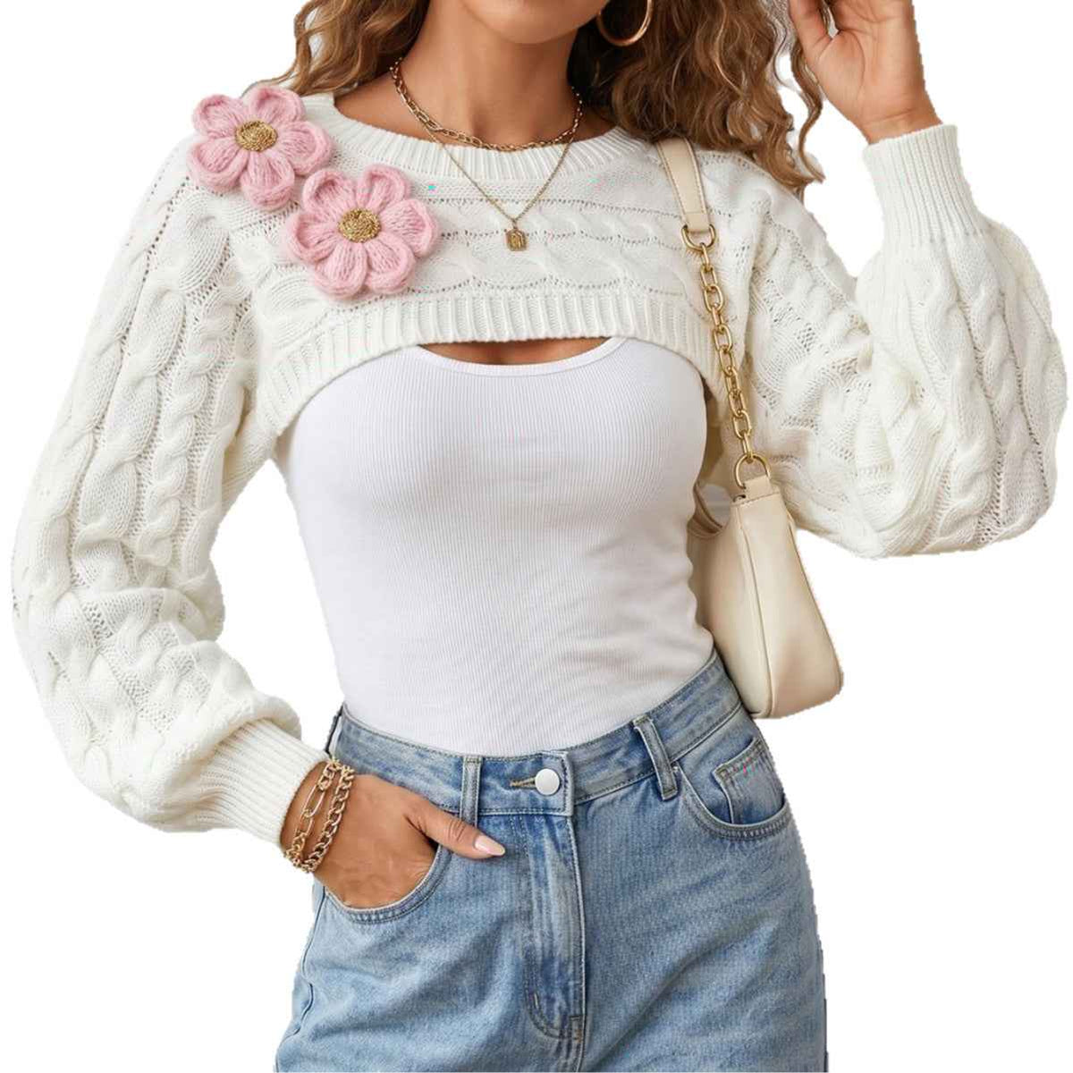 Short Sleeve Long Sleeve Top Solid Color  Women's Cardigan with Flower Decoration