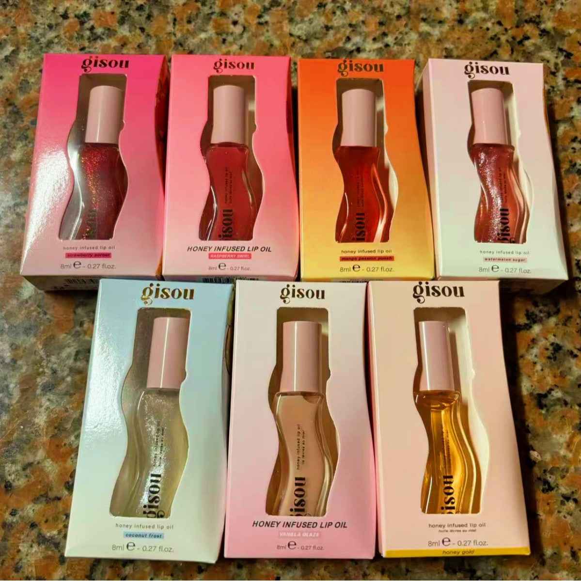 Aceite labial Gisou (sandía, miel, coco y fresa): brillo labial hidratante, reparador, voluminizador e iluminador (8 ml)