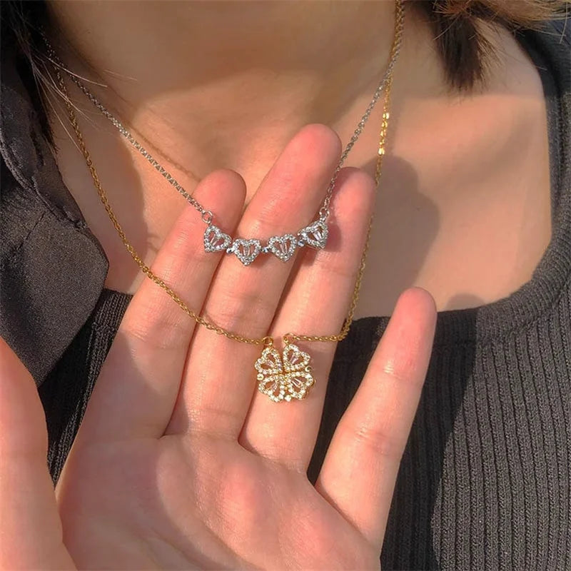 Collar Trébol de Cuatro Hojas — Colgante Magnético Corazón