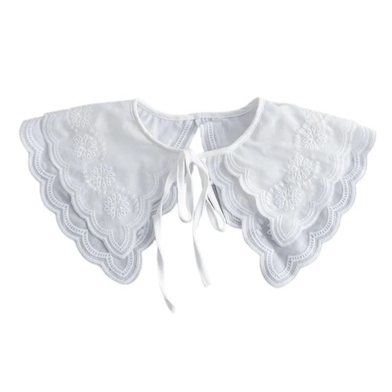 Royal Style Cotton Fake Collar Shawl Wrap Hollow Out Floral Lace Ruffled Trim Necklace Pointed Lapel Blouse Dropshipping