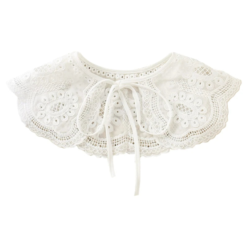 Royal Style Cotton Fake Collar Shawl Wrap Hollow Out Floral Lace Ruffled Trim Necklace Pointed Lapel Blouse Dropshipping