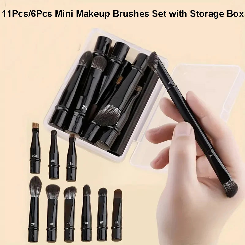 11/6Pcs Mini Travel Makeup Brushes Set with Box Double Ended Soft Hair Short Rod Replaceable Brush Detachable Face Cosmetic Tool