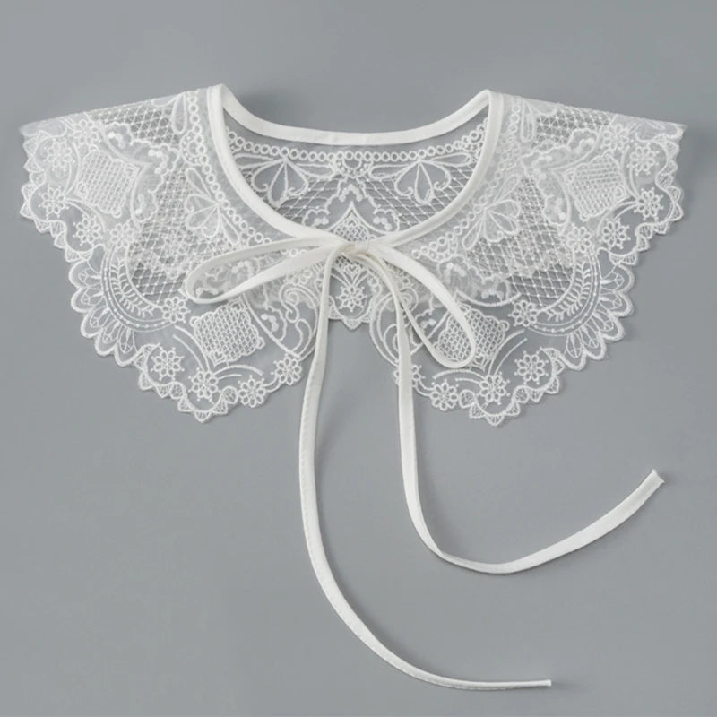 Royal Style Cotton Fake Collar Shawl Wrap Hollow Out Floral Lace Ruffled Trim Necklace Pointed Lapel Blouse Dropshipping